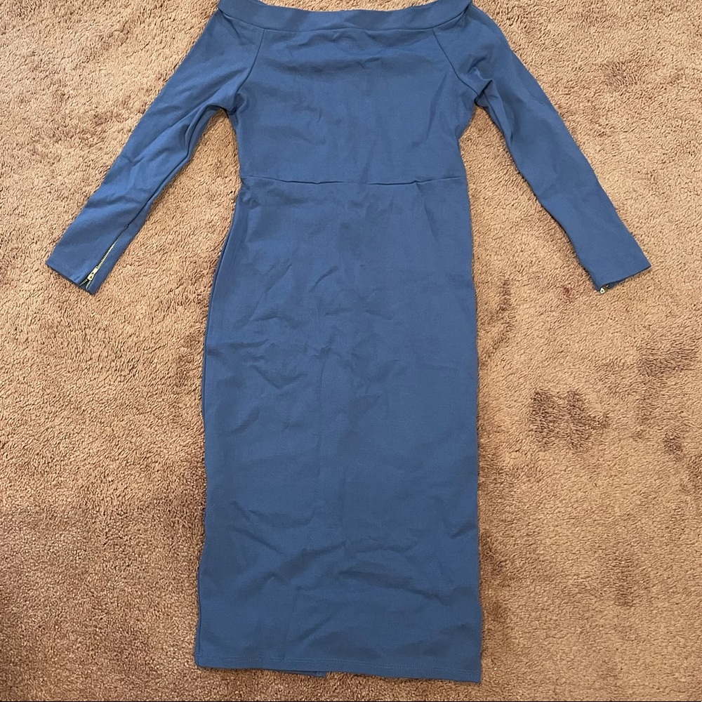 Vanity Room, off the shoulder blue fitted dress!